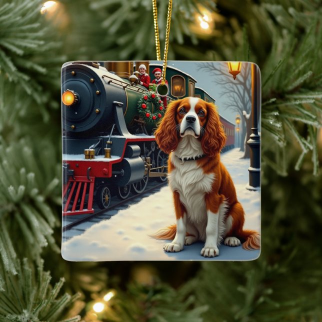 Cavalier King Charles Spaniel Christmas Train Ceramic Ornament (Tree)
