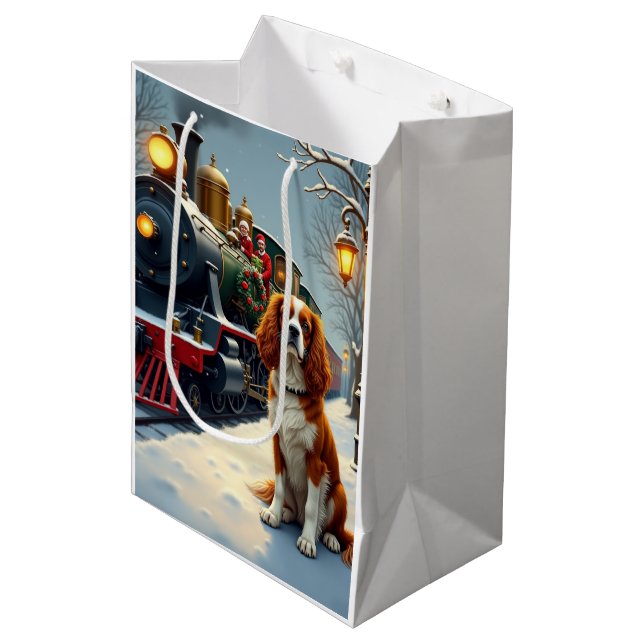 Cavalier King Charles Spaniel Christmas Train Medium Gift Bag (Front Angled)