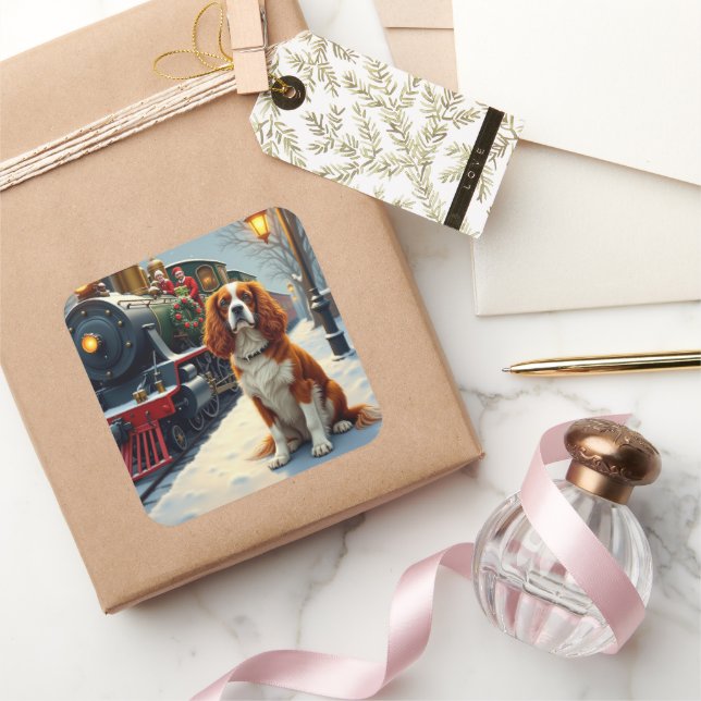 Cavalier King Charles Spaniel Christmas Train Square Sticker (Gifting)
