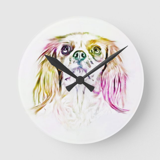 Cavalier King Charles Spaniel Dog Art Painting Round Clock (Front)