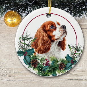 Cavalier King Charles Spaniel Dog Evergreen Wreath Ceramic Tree Decoration