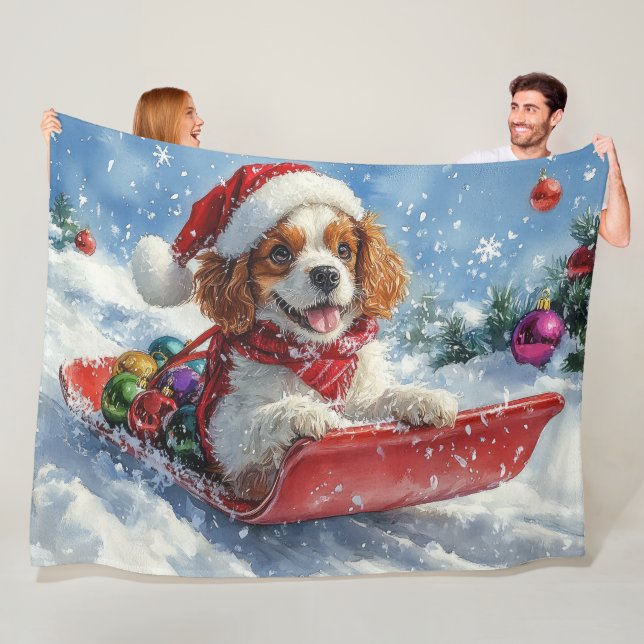 Cavalier King Charles Spaniel Dog Sledge Christmas Fleece Blanket (In Situ)
