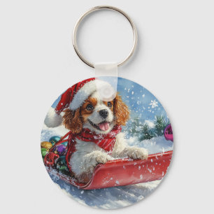 Cavalier King Charles Spaniel Dog Sledge Christmas Key Ring