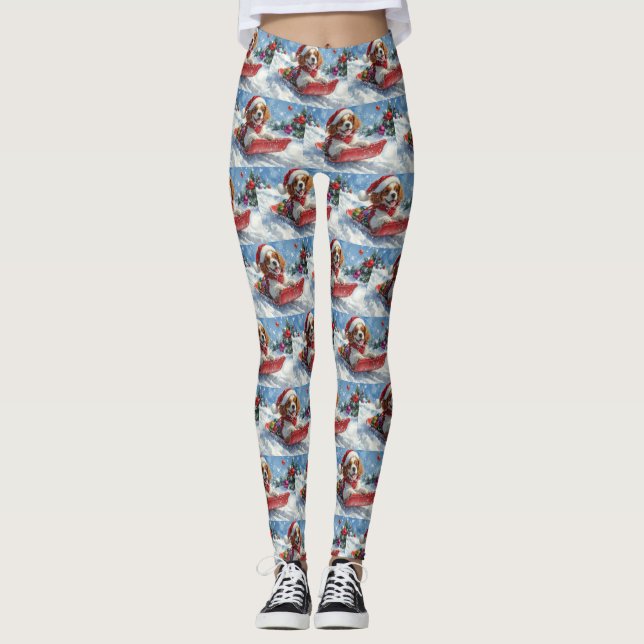 Cavalier King Charles Spaniel Dog Sledge Christmas Leggings (Front)