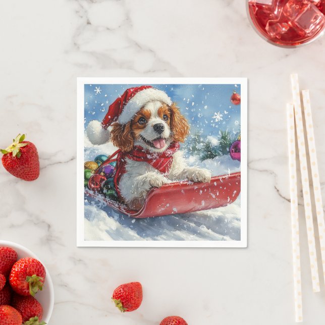 Cavalier King Charles Spaniel Dog Sledge Christmas Napkin (Insitu)