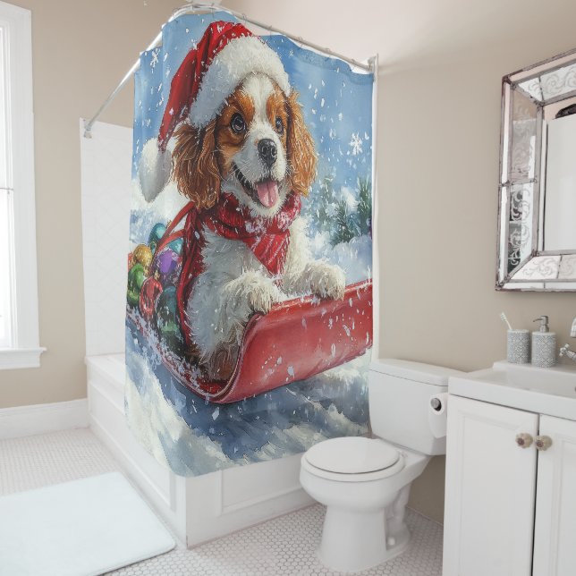 Cavalier King Charles Spaniel Dog Sledge Christmas Shower Curtain (In Situ)