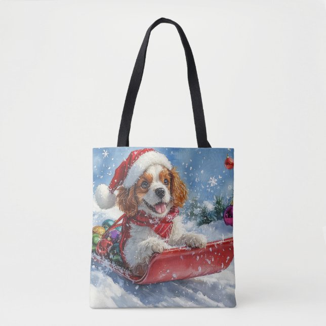 Cavalier King Charles Spaniel Dog Sledge Christmas Tote Bag (Front)