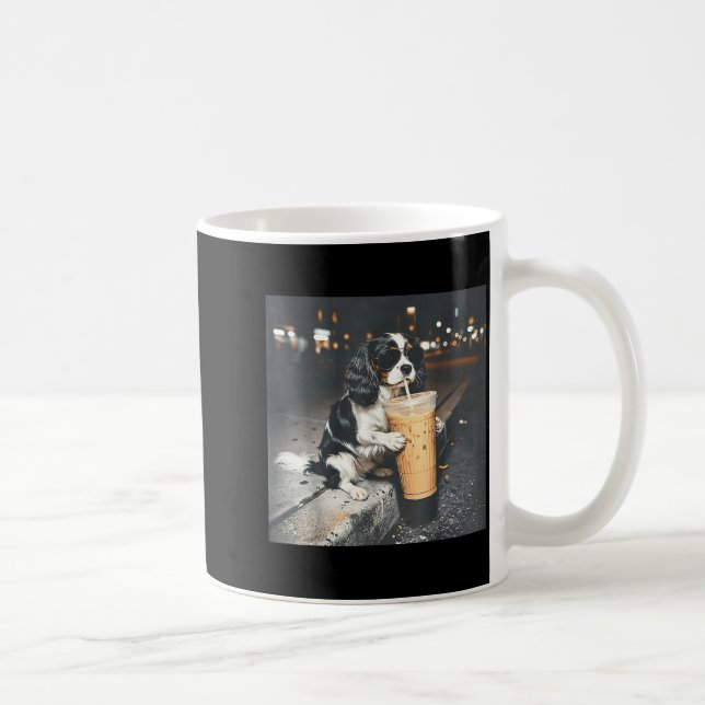 Cavalier king charles spaniel drinking iced coffee mug (Right)