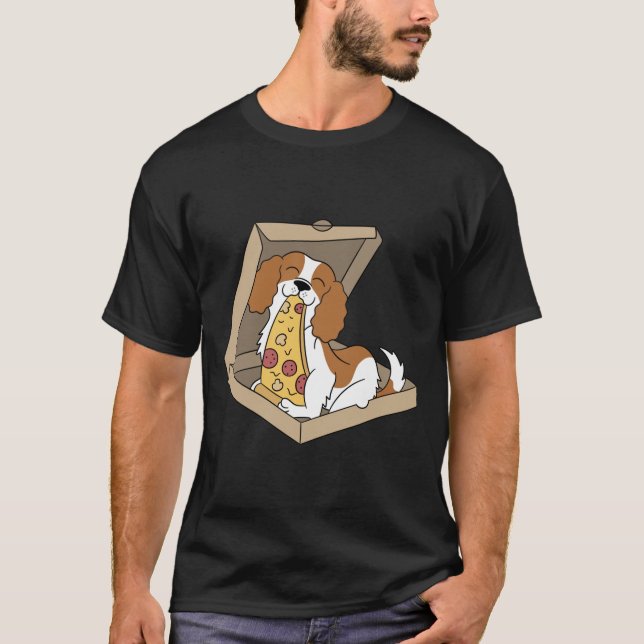 Cavalier King Charles Spaniel Eating Pizza Funny D T-Shirt (Front)
