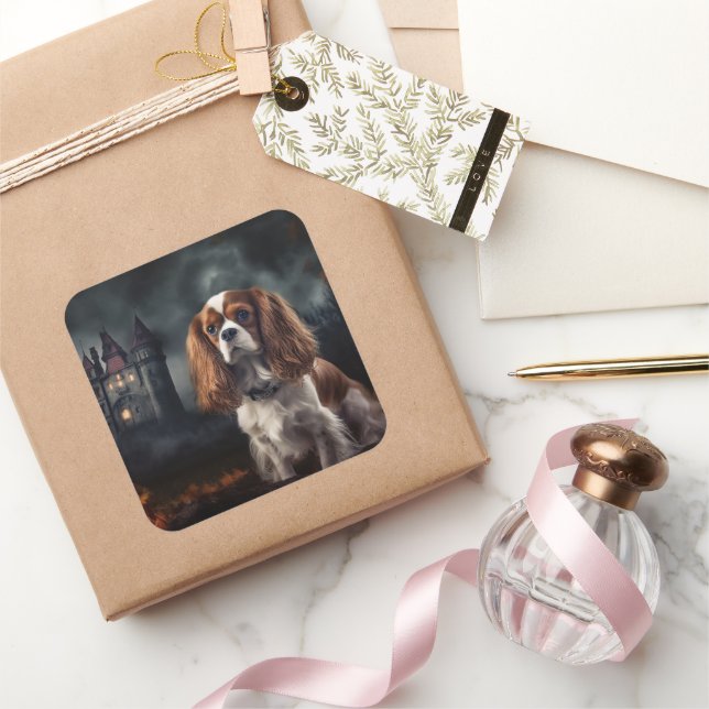 Cavalier King Charles Spaniel Halloween Scary Square Sticker (Gifting)