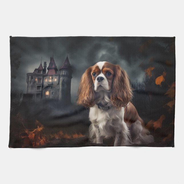 Cavalier King Charles Spaniel Halloween Scary Tea Towel (Horizontal)