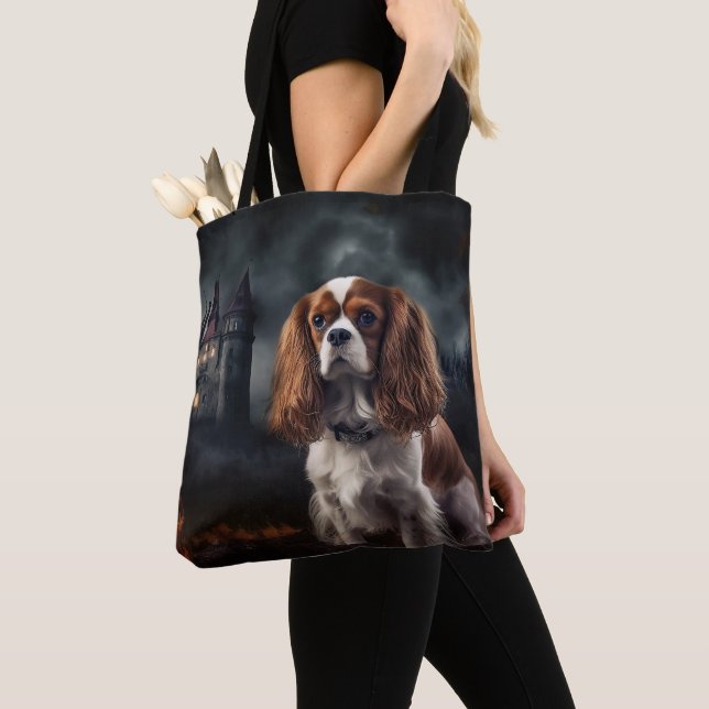 Cavalier King Charles Spaniel Halloween Scary Tote Bag (Close Up)