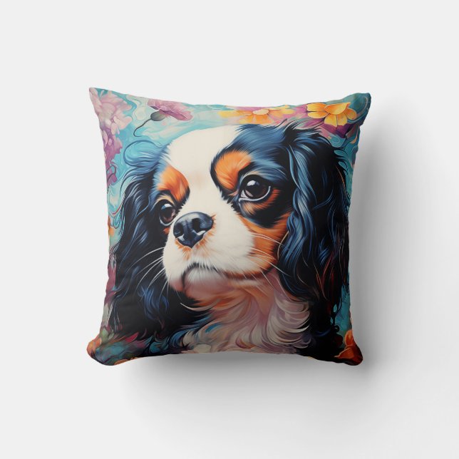 Cavalier King Charles Spaniel in flowers Cushion (Front)