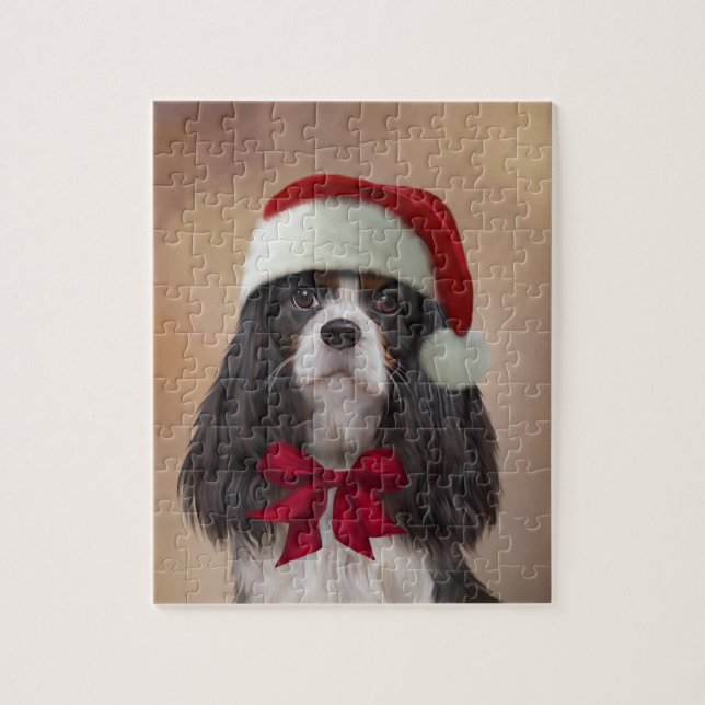 Cavalier King Charles Spaniel in red hat of Santa Jigsaw Puzzle (Vertical)