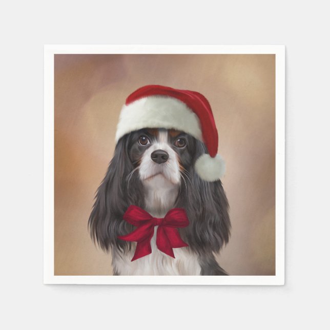 Cavalier King Charles Spaniel in red hat of Santa Napkin (Front)