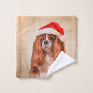 Cavalier King Charles Spaniel in red hat of Santa Wash Cloth