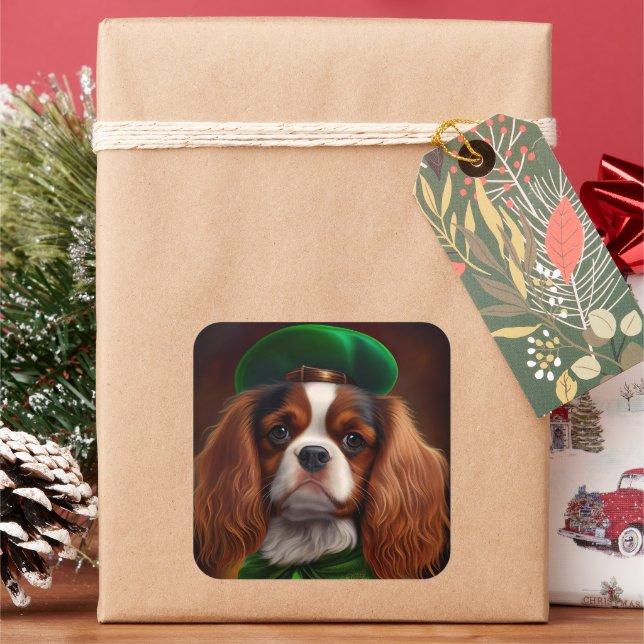 Cavalier King Charles Spaniel in St. Patrick's Day Square Sticker (Holiday)