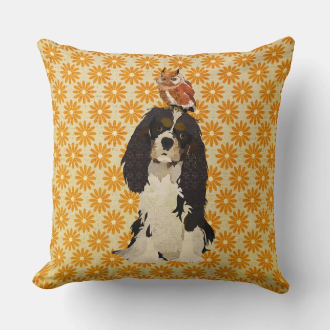 Cavalier King Charles Spaniel & Owl Pillow (Front)
