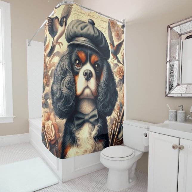 Cavalier King Charles Spaniel Painting Shower Curtain (In Situ)