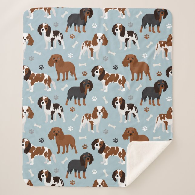 Cavalier King Charles Spaniel Paws and Bones Sherpa Blanket (Front)