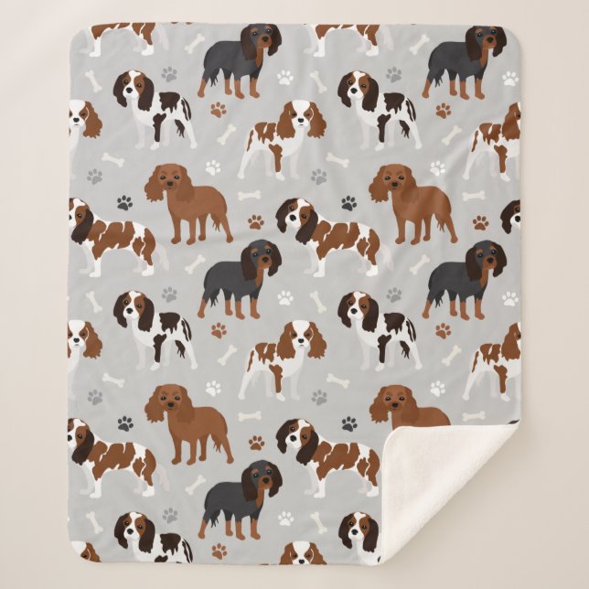 Cavalier King Charles Spaniel Paws and Bones Sherpa Blanket (Front)