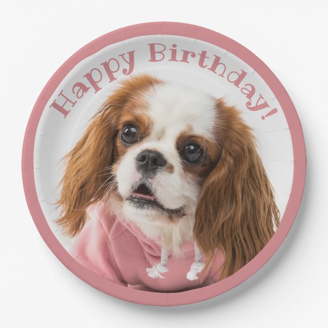Cavalier King Charles Spaniel Pink Happy Birthday Paper Plate (Front)