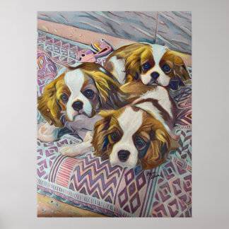 Cavalier King Charles Spaniel Puppies Custom Art Poster