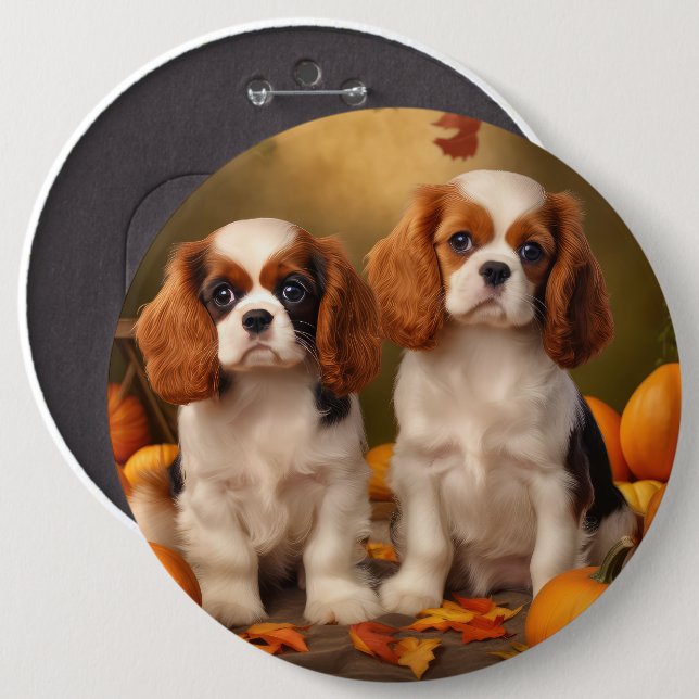 Cavalier King Charles Spaniel Puppy Autumn Pumpkin 6 Cm Round Badge (Front & Back)