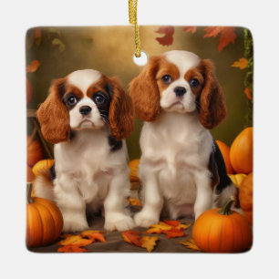 Cavalier King Charles Spaniel Puppy Autumn Pumpkin Ceramic Ornament