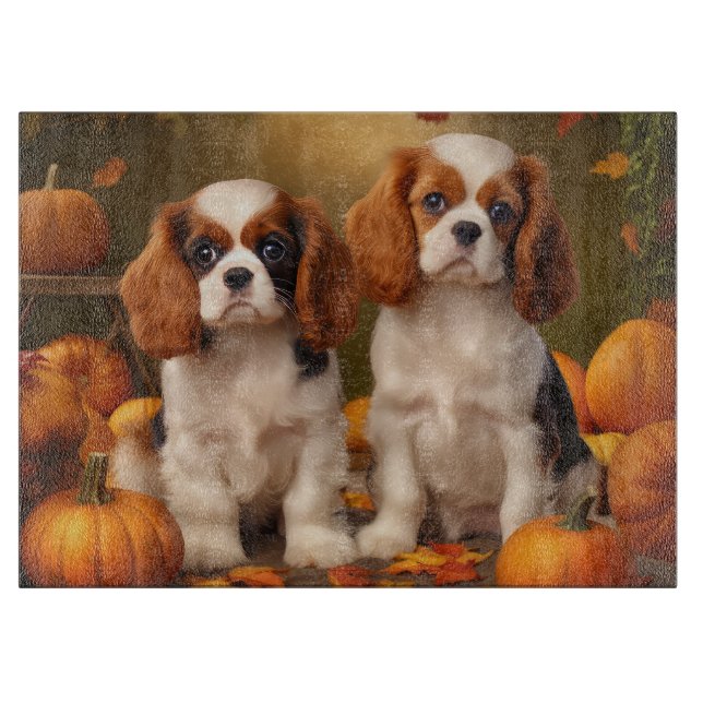 Cavalier King Charles Spaniel Puppy Autumn Pumpkin Cutting Board (Front)