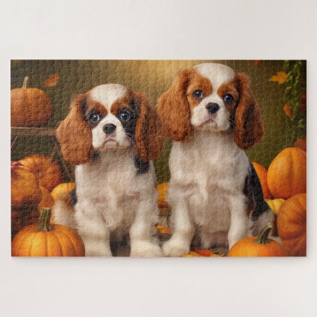 Cavalier King Charles Spaniel Puppy Autumn Pumpkin Jigsaw Puzzle (Horizontal)
