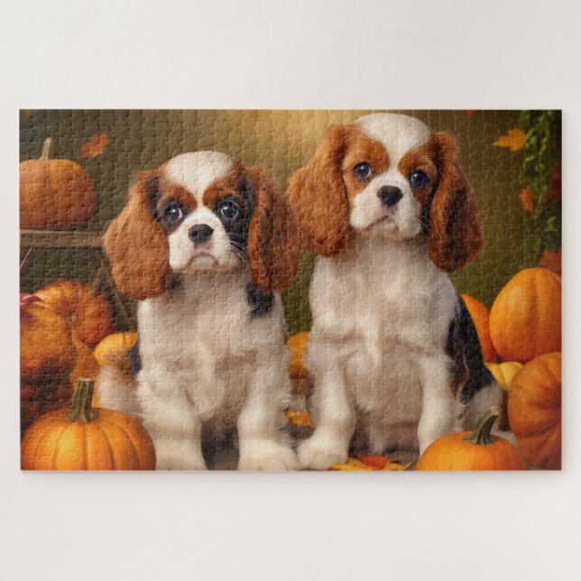 Cavalier King Charles Spaniel Puppy Autumn Pumpkin Jigsaw Puzzle (Horizontal)