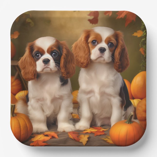 Cavalier King Charles Spaniel Puppy Autumn Pumpkin Paper Plate (Front)