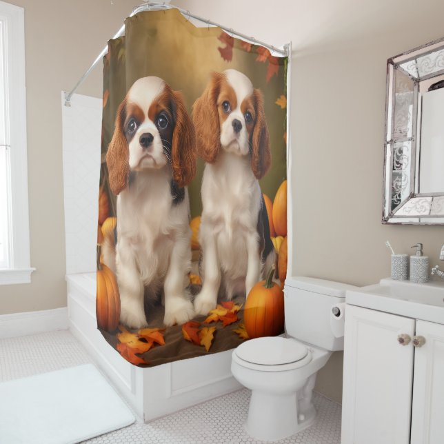 Cavalier King Charles Spaniel Puppy Autumn Pumpkin Shower Curtain (In Situ)