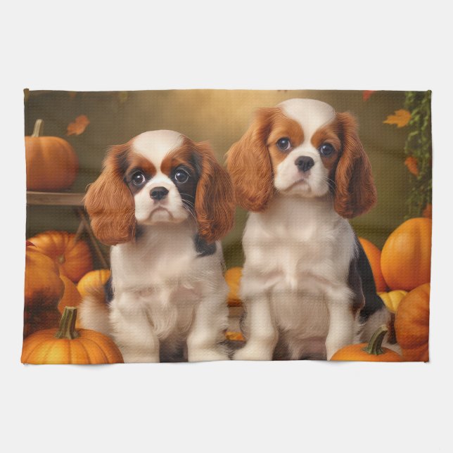 Cavalier King Charles Spaniel Puppy Autumn Pumpkin Tea Towel (Horizontal)