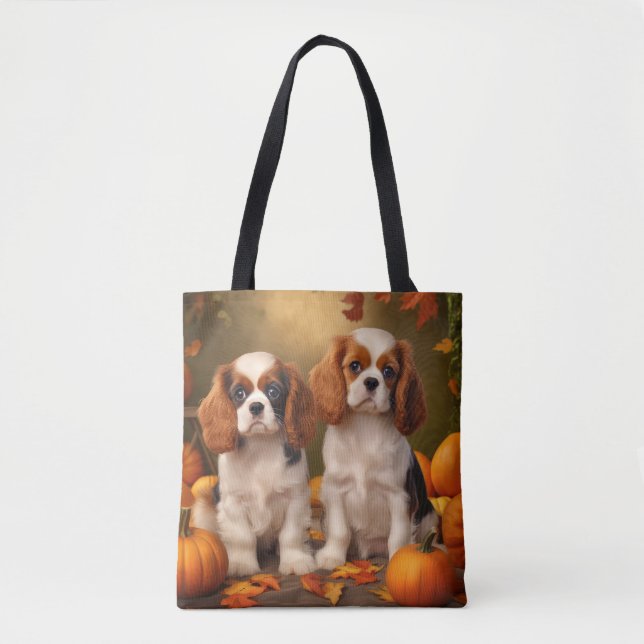 Cavalier King Charles Spaniel Puppy Autumn Pumpkin Tote Bag (Front)