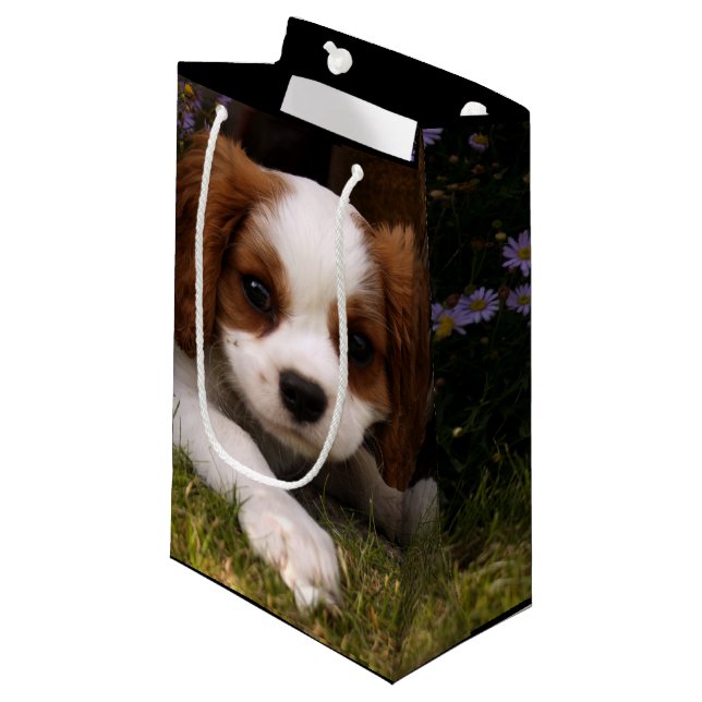 Cavalier King Charles Spaniel Puppy behind flowers Small Gift Bag (Front Angled)