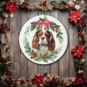 Cavalier King Charles Spaniel Red Bow Holly Wreath Ceramic Tree Decoration
