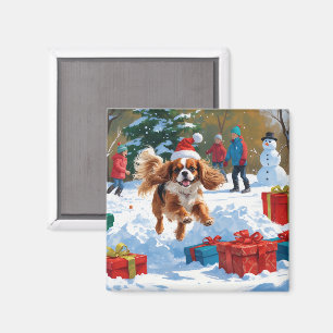 Cavalier King Charles Spaniel Snow with Christmas Magnet
