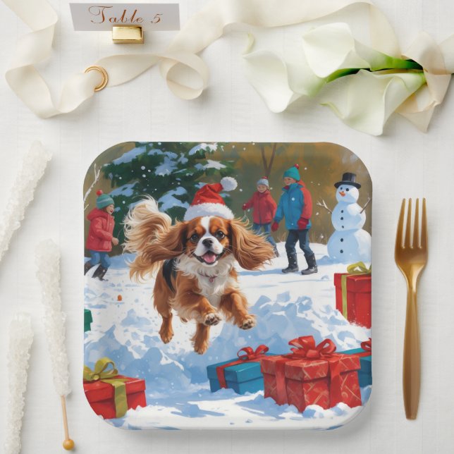 Cavalier King Charles Spaniel Snow with Christmas  Paper Plate (Wedding)