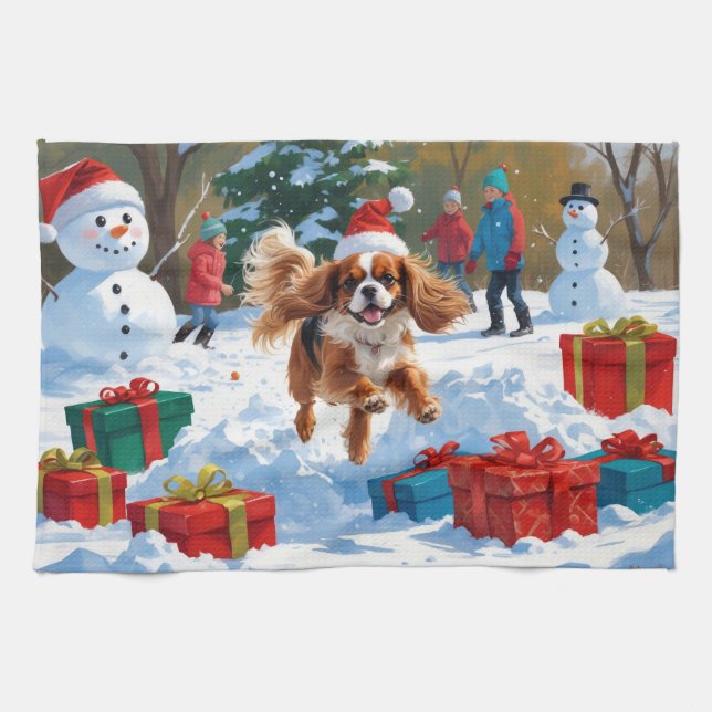 Cavalier King Charles Spaniel Snow with Christmas  Tea Towel (Horizontal)
