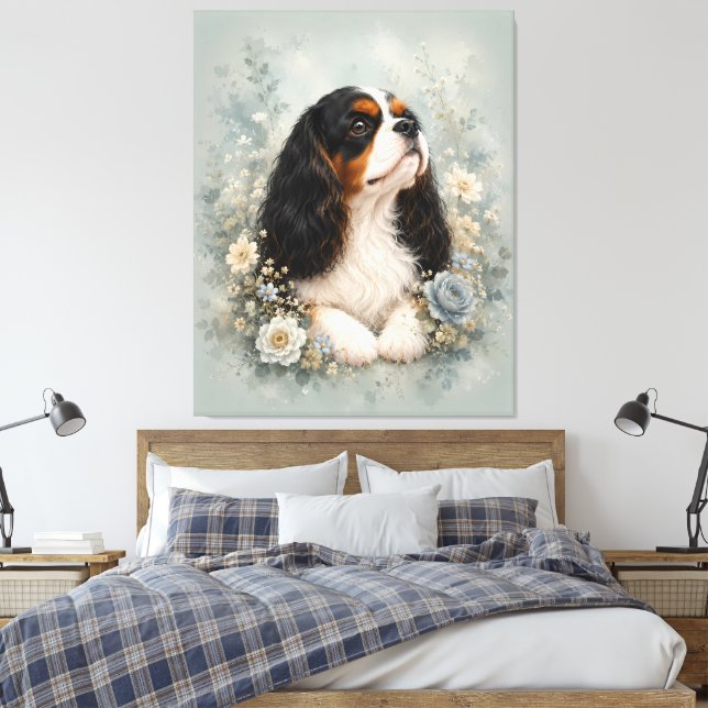 Cavalier King Charles Spaniel with Blue Flowers |  Canvas Print (Insitu(Bedroom))