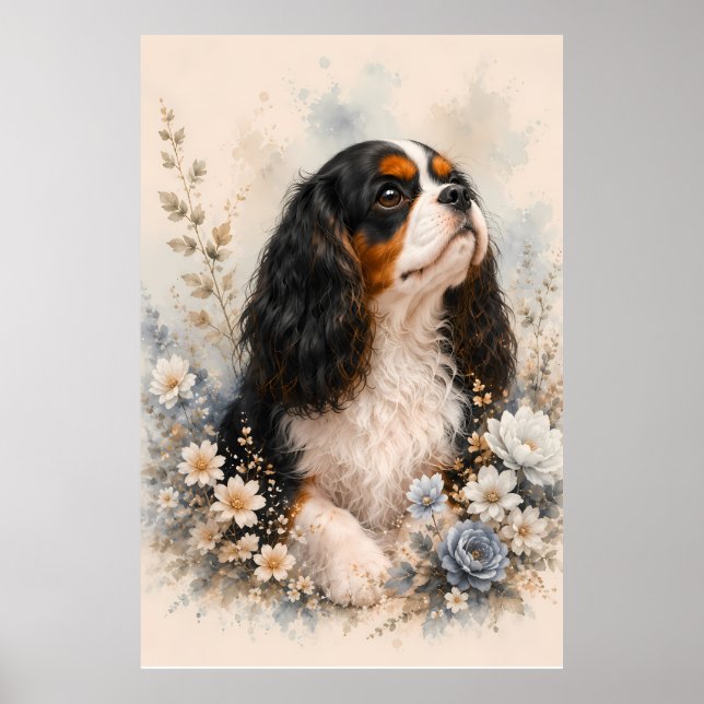 Cavalier King Charles Spaniel with Blue Flowers |  Poster (Front)