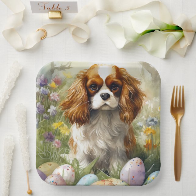 Cavalier King Charles Spaniel with Easter Eggs Paper Plate (Wedding)