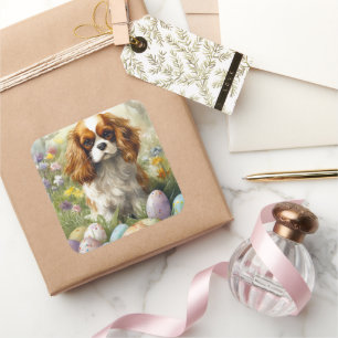 Cavalier King Charles Spaniel with Easter Eggs Square Sticker