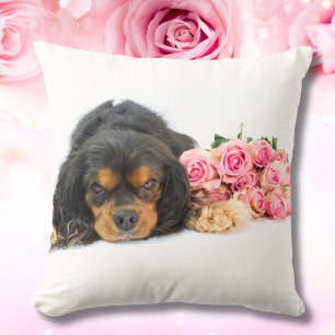 Cavalier King Charles Spaniel With Pink Roses Cushion
