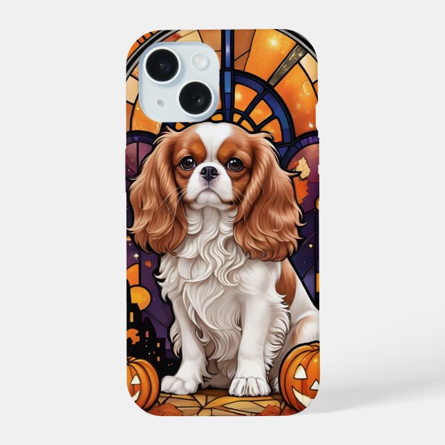 Cavalier King Charles Stained Glass Halloween Fall iPhone 15 Case (Back)