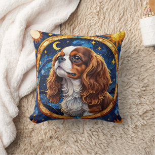 Cavalier King Charles Stained Glass Night Sky Moon Cushion