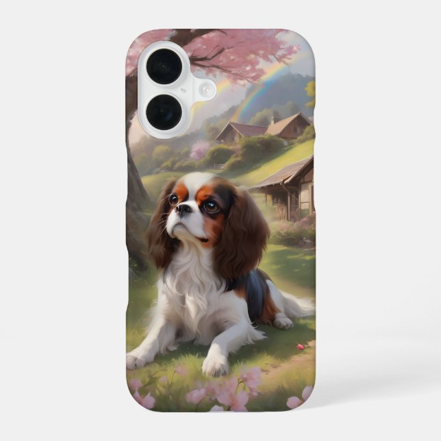 Cavalier King Charles Tricolor Cherry Blossoms iPhone 16 Case (Back)