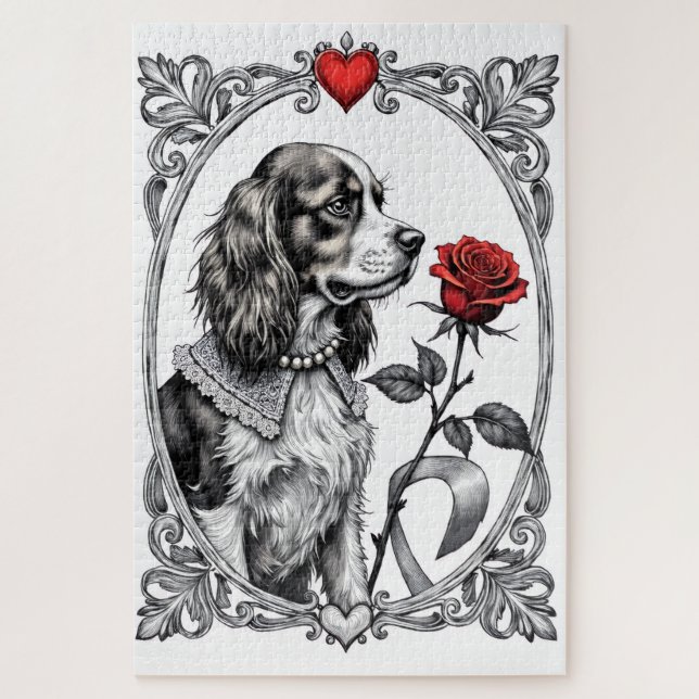 Cavalier King Charles Victorian Etching Valentine Jigsaw Puzzle (Vertical)